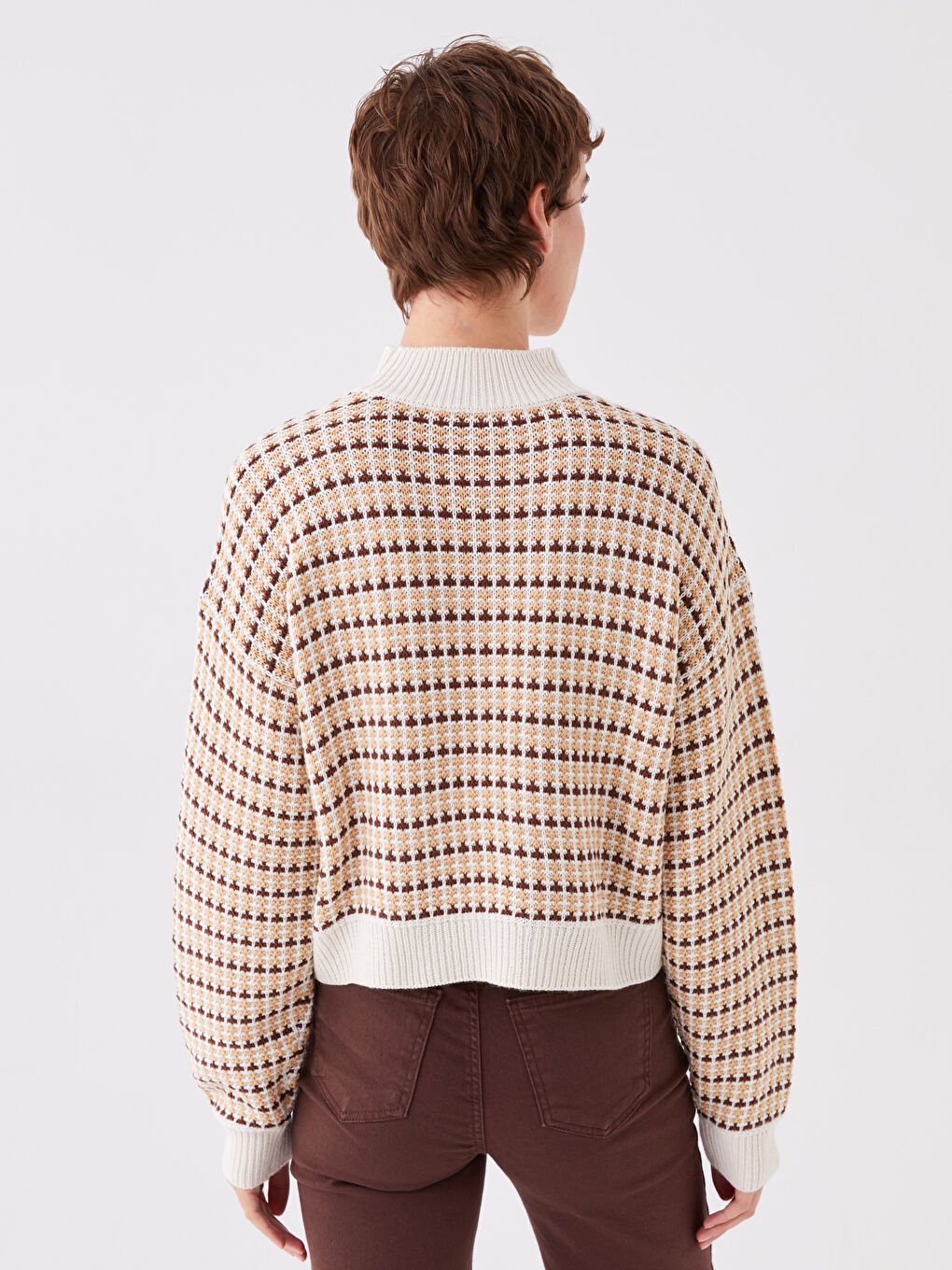 Half Turtleneck Patterned Long Sleeve Women's Tricot Sweater-4