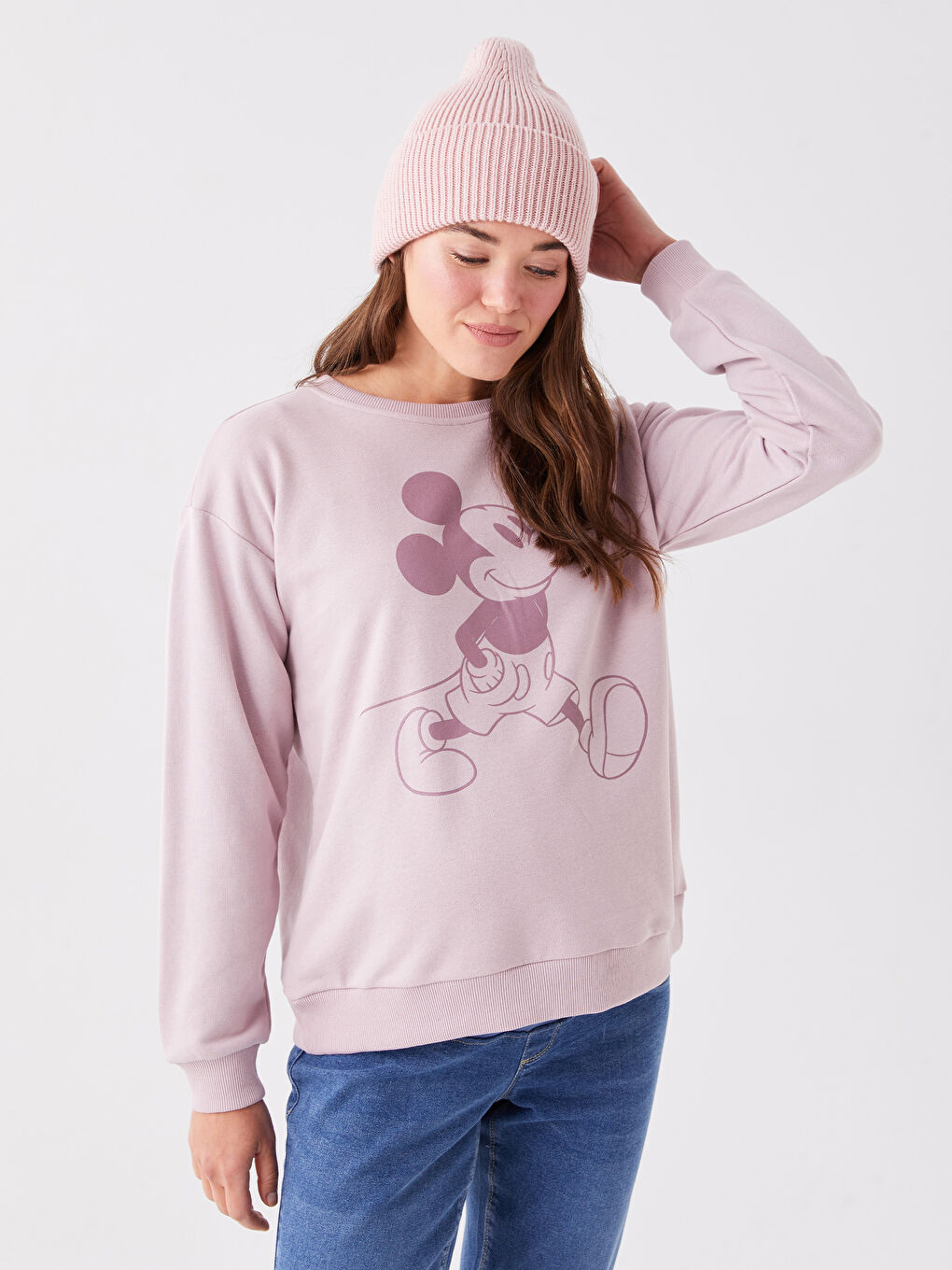 LCWAIKIKI Maternity Mat Lila Bisiklet Yaka Mickey Mouse Baskılı Uzun Kollu Hamile Sweatshirt