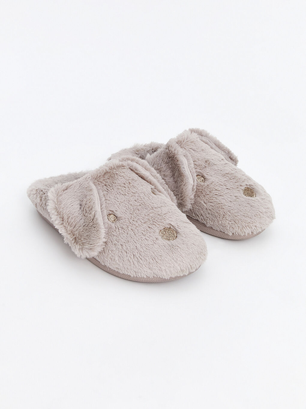 Bej 3D Detaylı Nakışlı Pelüş Kadın Ev Terliği