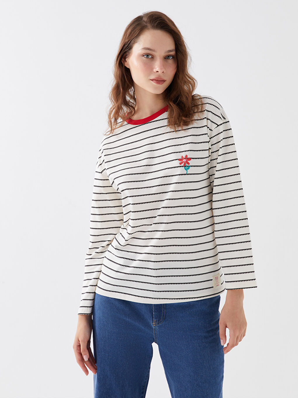 Siyah Bisiklet Yaka Desenli Uzun Kollu Kadın Tişört Anne Kız Kombini-1