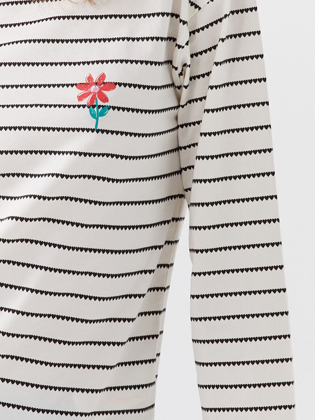 Siyah Bisiklet Yaka Desenli Uzun Kollu Kadın Tişört Anne Kız Kombini-2