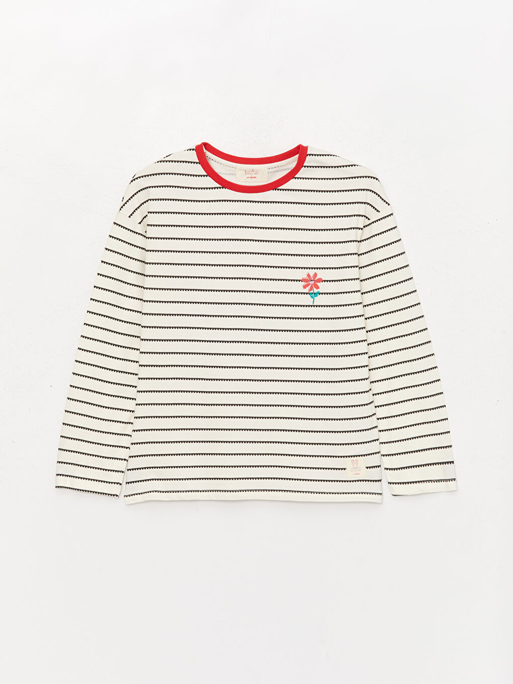 Siyah Bisiklet Yaka Desenli Uzun Kollu Kadın Tişört Anne Kız Kombini-5