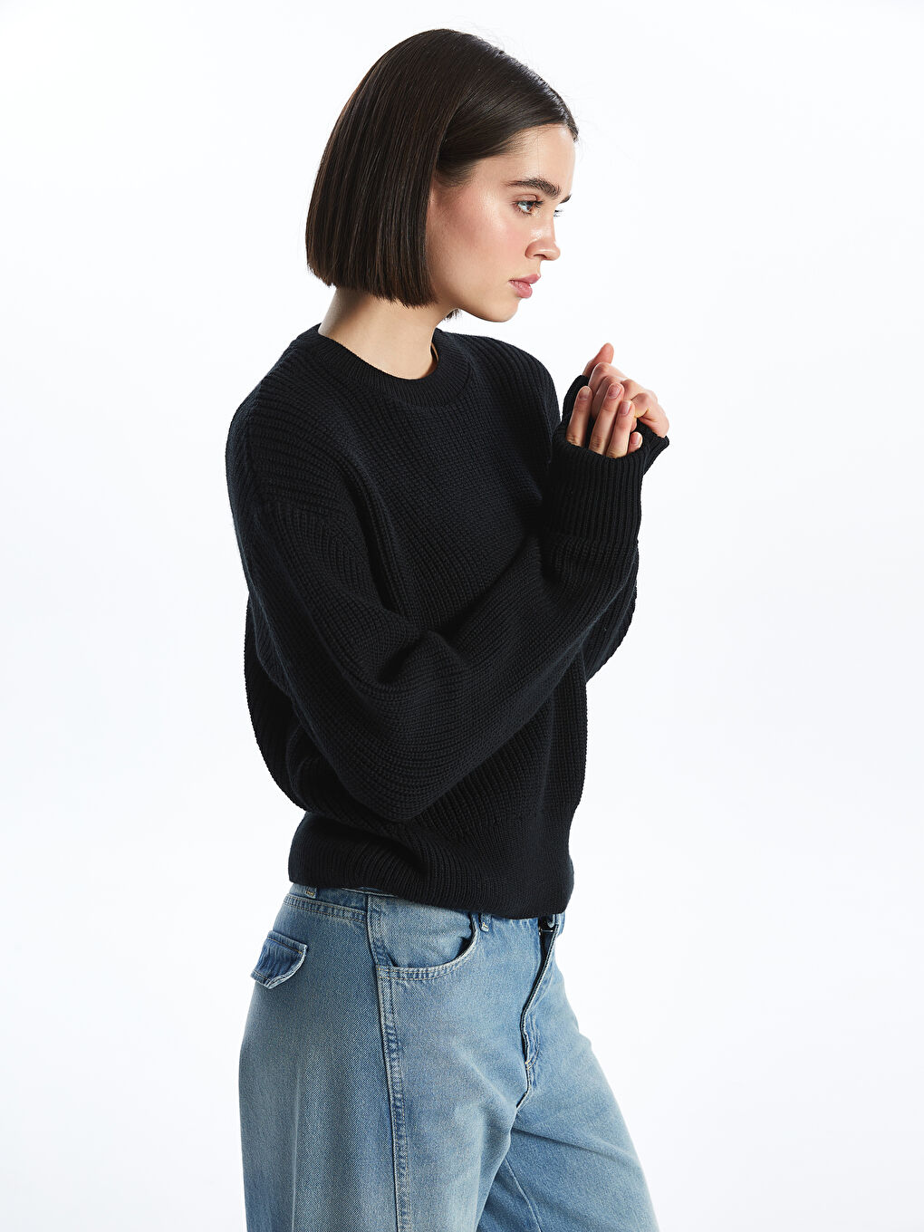 Pull-over en Tricot Uni à Col Rond et Manches Longues pour Femmes