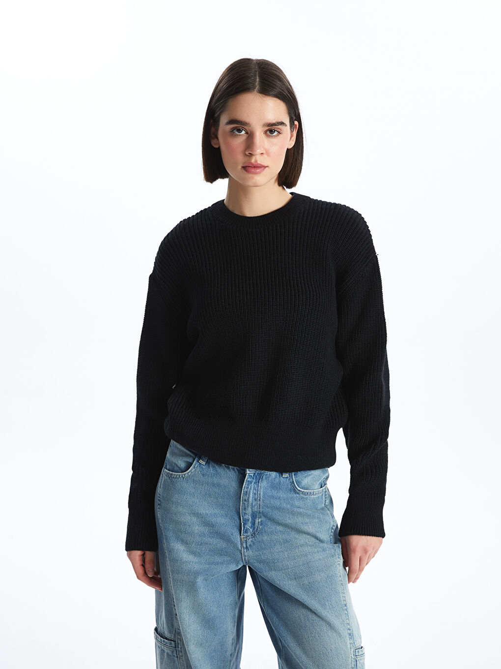 Pull-over en Tricot Uni à Col Rond et Manches Longues pour Femmes-1