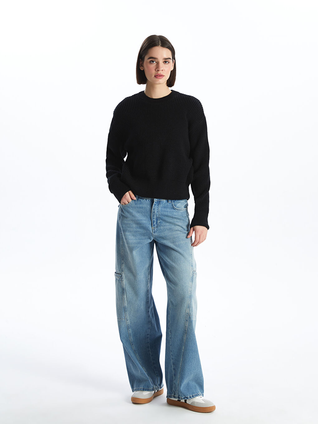 Pull-over en Tricot Uni à Col Rond et Manches Longues pour Femmes-2