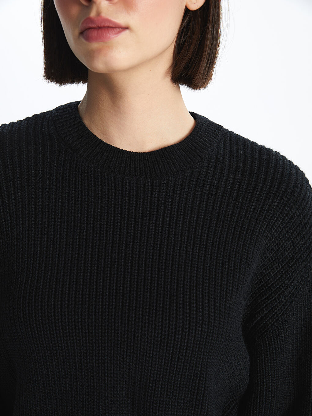 Pull-over en Tricot Uni à Col Rond et Manches Longues pour Femmes-3