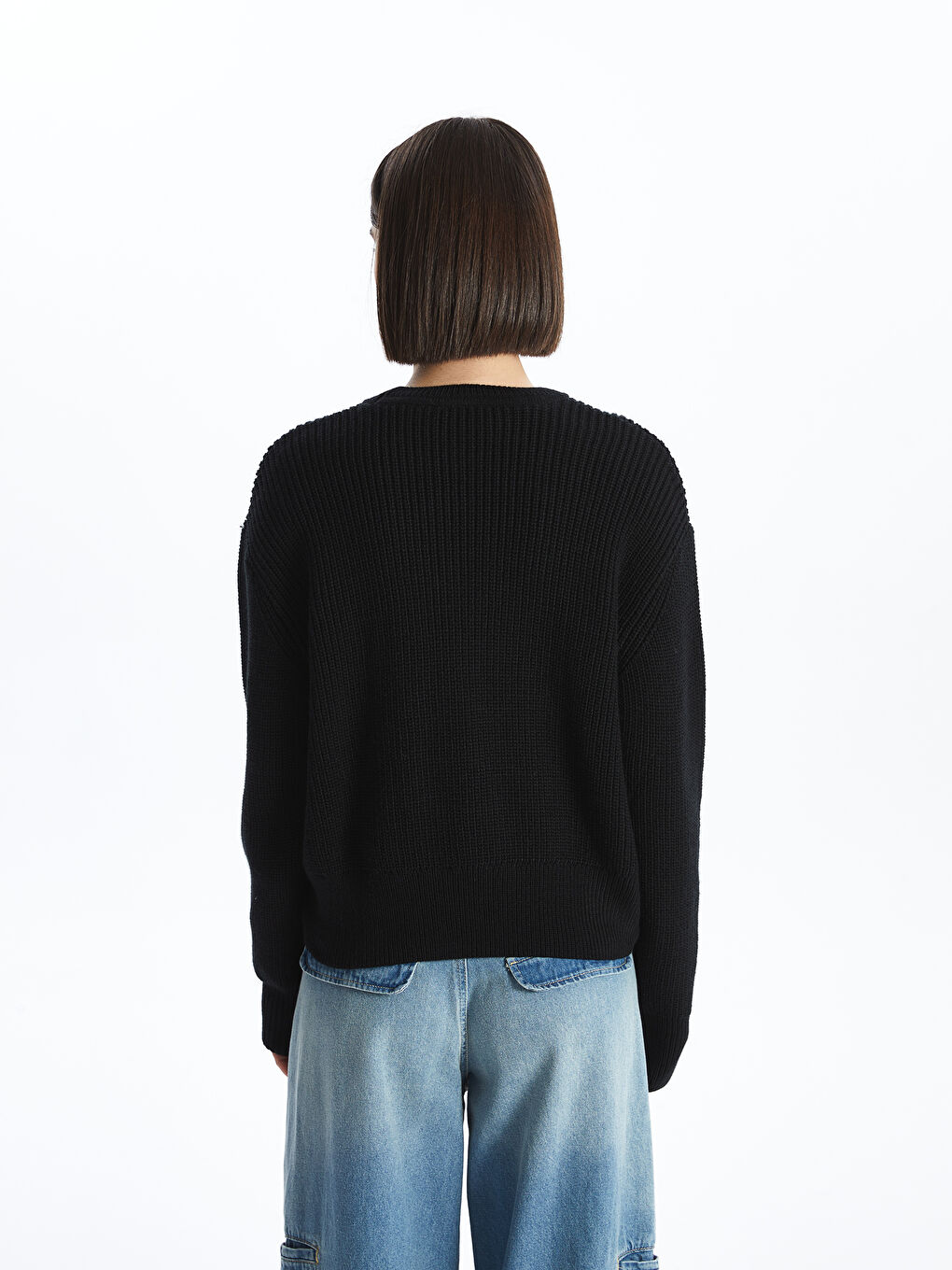 Pull-over en Tricot Uni à Col Rond et Manches Longues pour Femmes-5