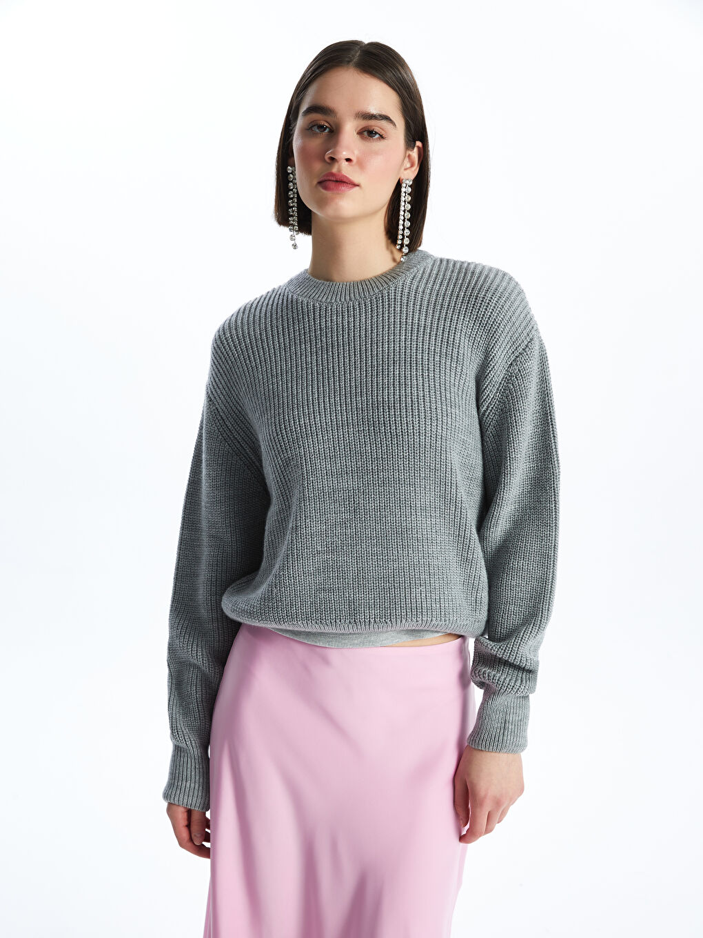 Crew Neck Plain Long Sleeve Women's Knitwear Sweater