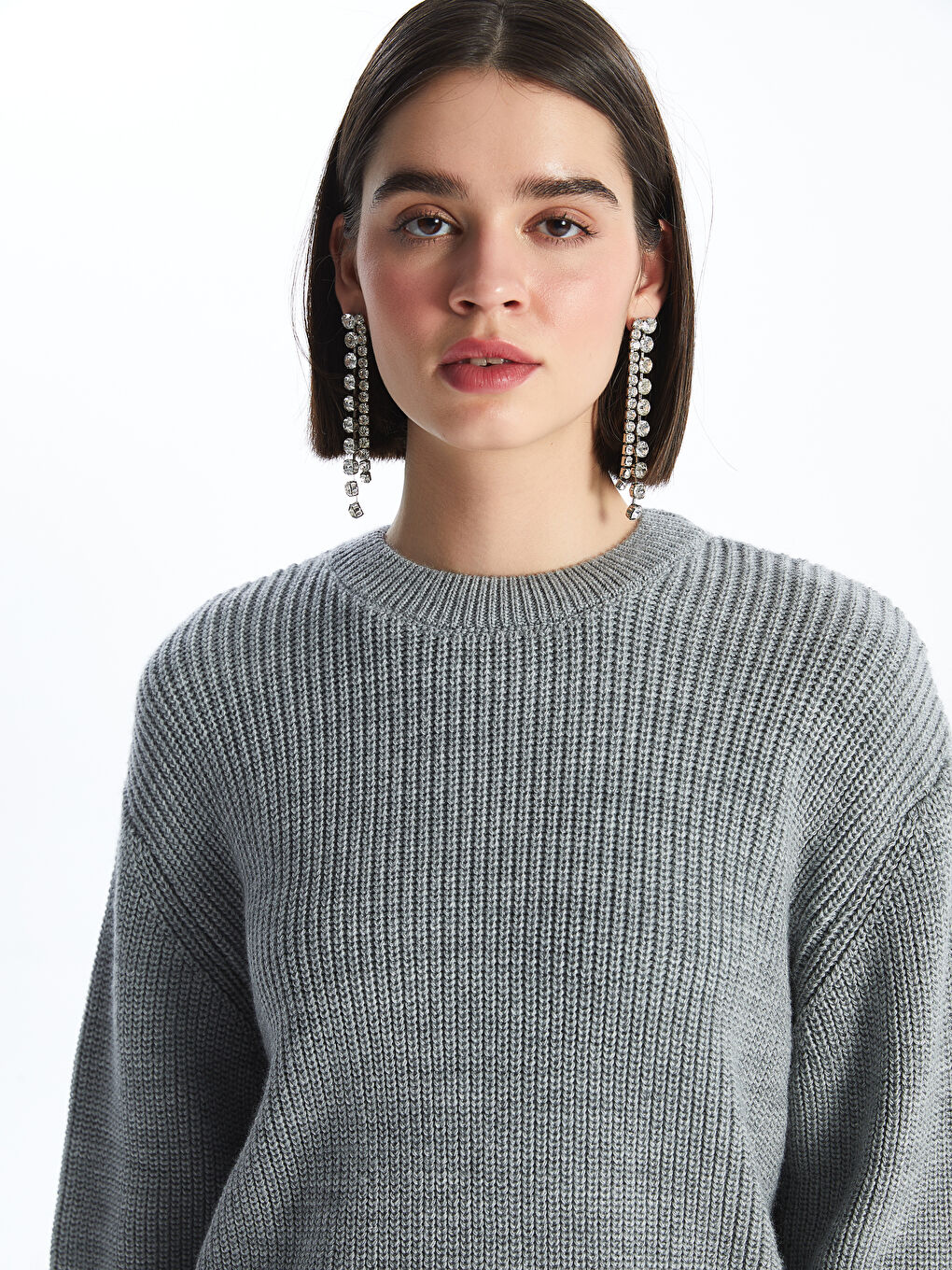 Crew Neck Plain Long Sleeve Women's Knitwear Sweater-1