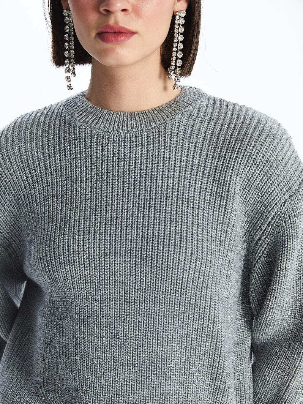 Crew Neck Plain Long Sleeve Women's Knitwear Sweater-3