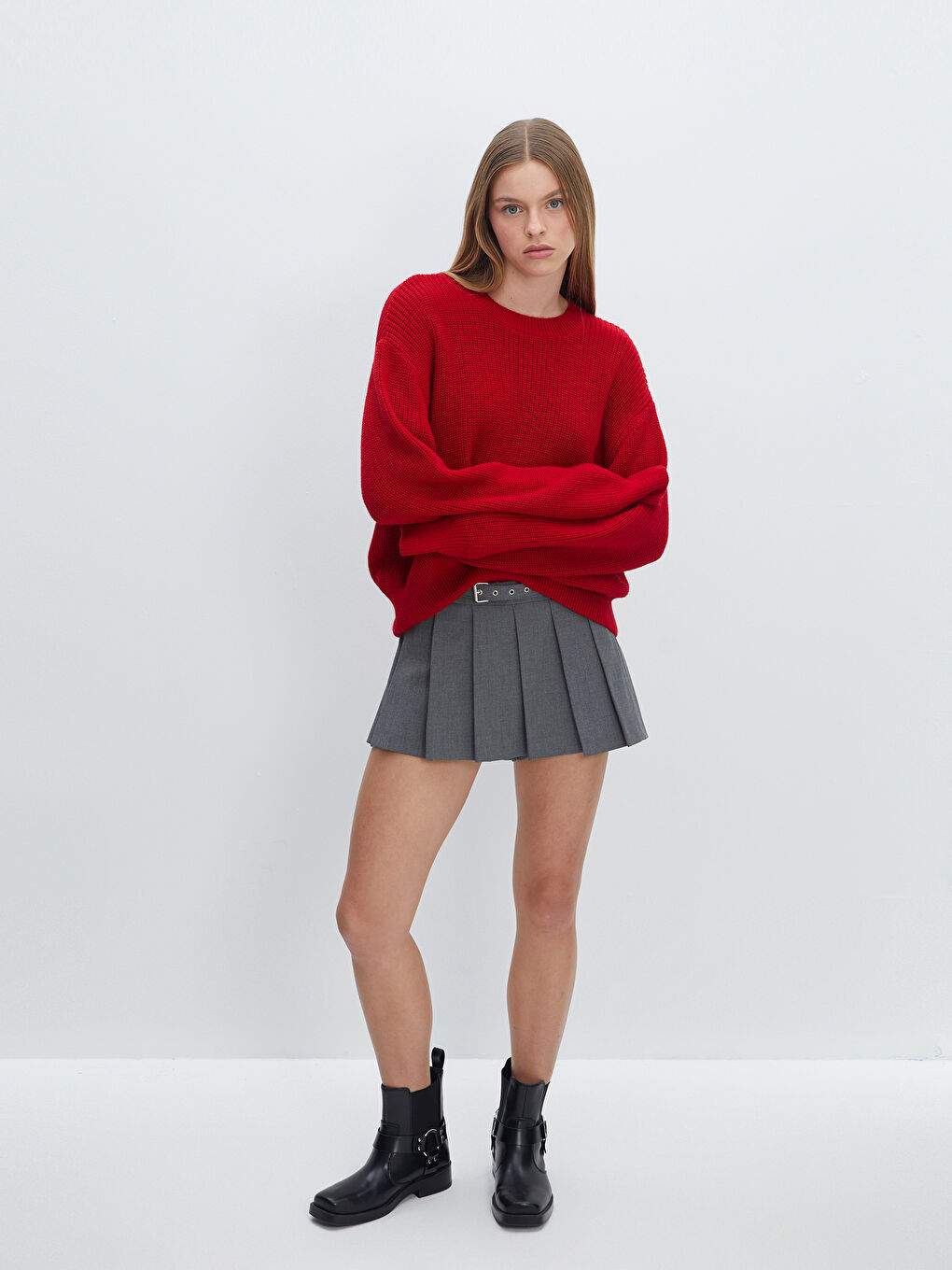 Crew Neck Plain Long Sleeve Women's Knitwear Sweater-1