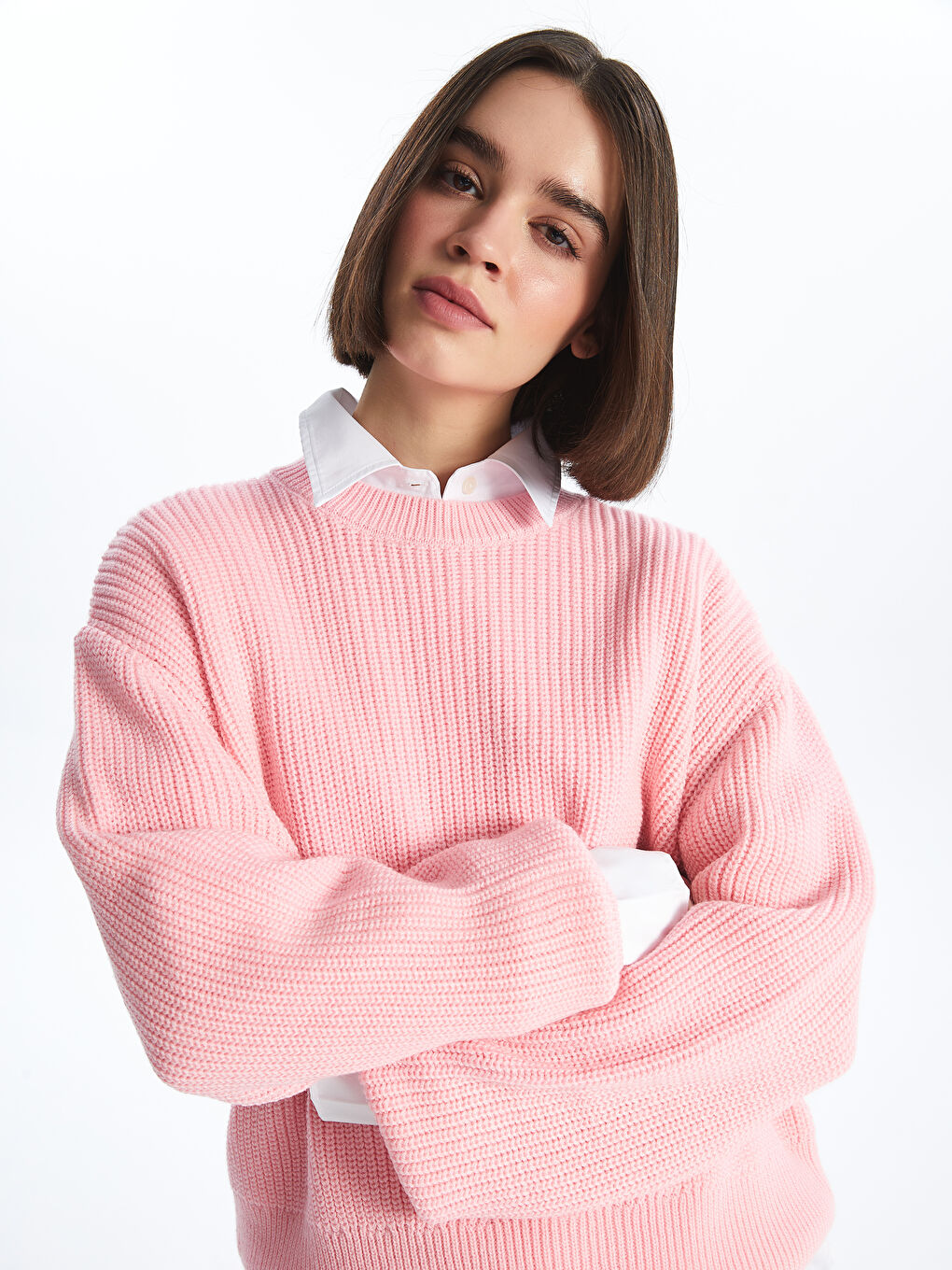 Crew Neck Plain Long Sleeve Women's Knitwear Sweater-1