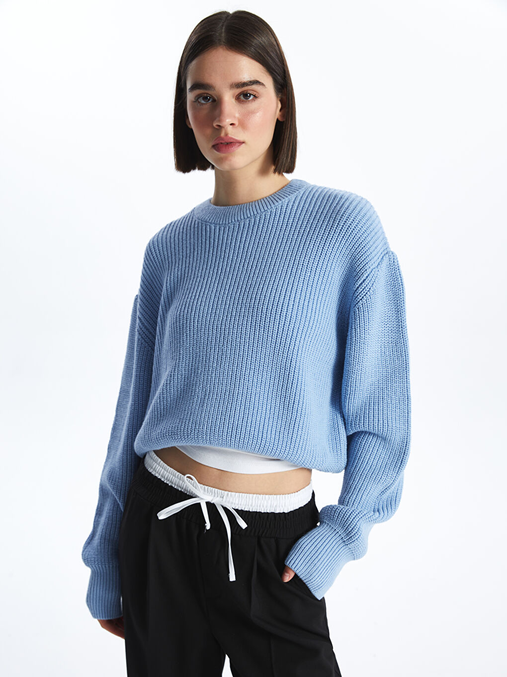 Crew Neck Plain Long Sleeve Women's Knitwear Sweater-1