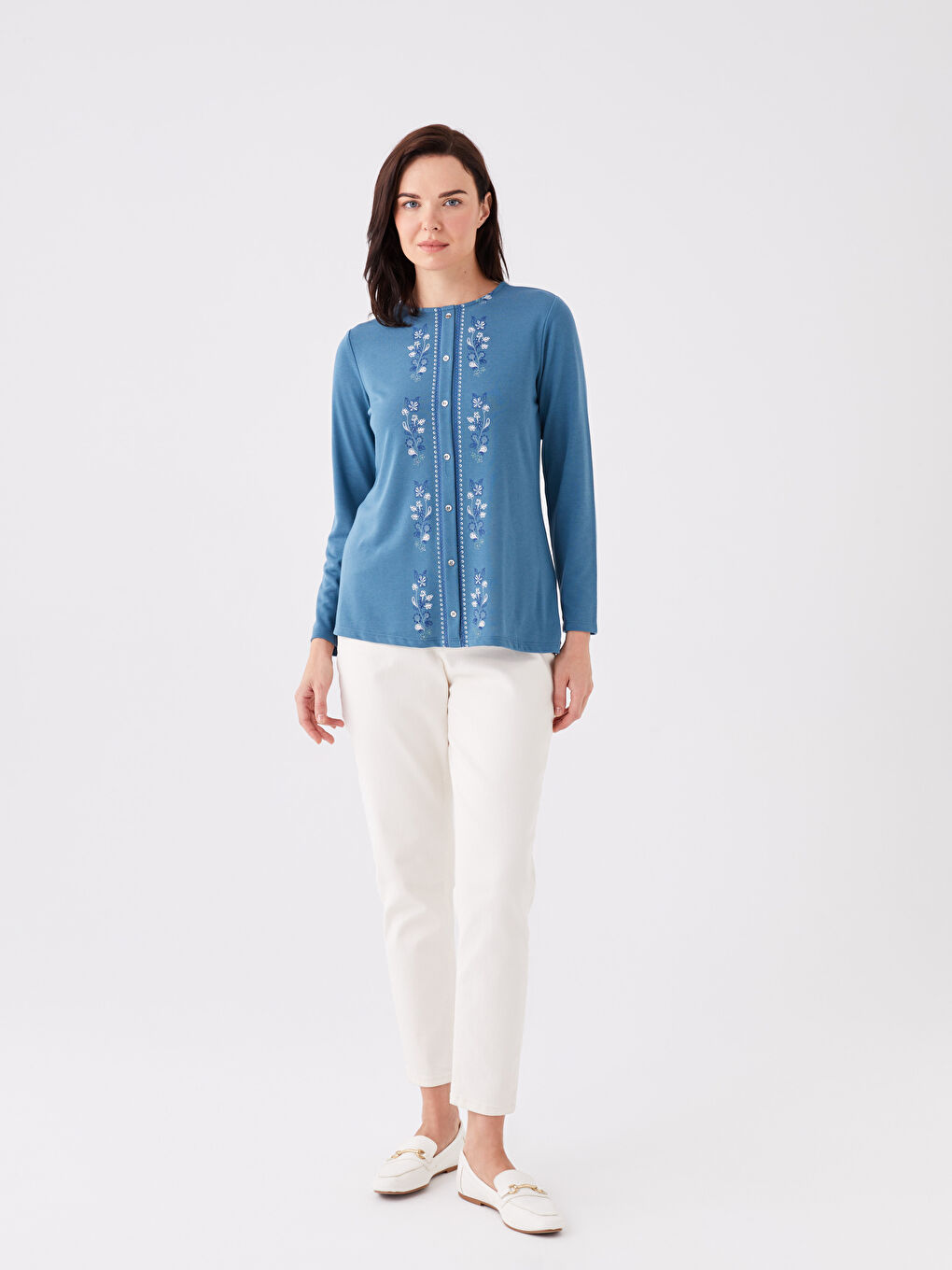 LCW Grace Crew Neck Embroidered Long Sleeve Women's Blouse -W3H650Z8-H5U