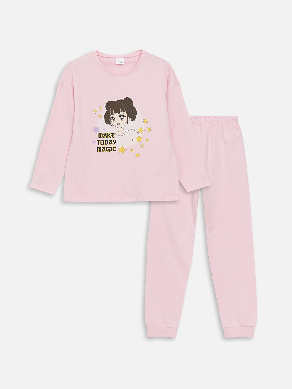 LCW Kids Pembe Bisiklet Yaka Baskılı Uzun Kollu Kız Çocuk Pijama Takımı