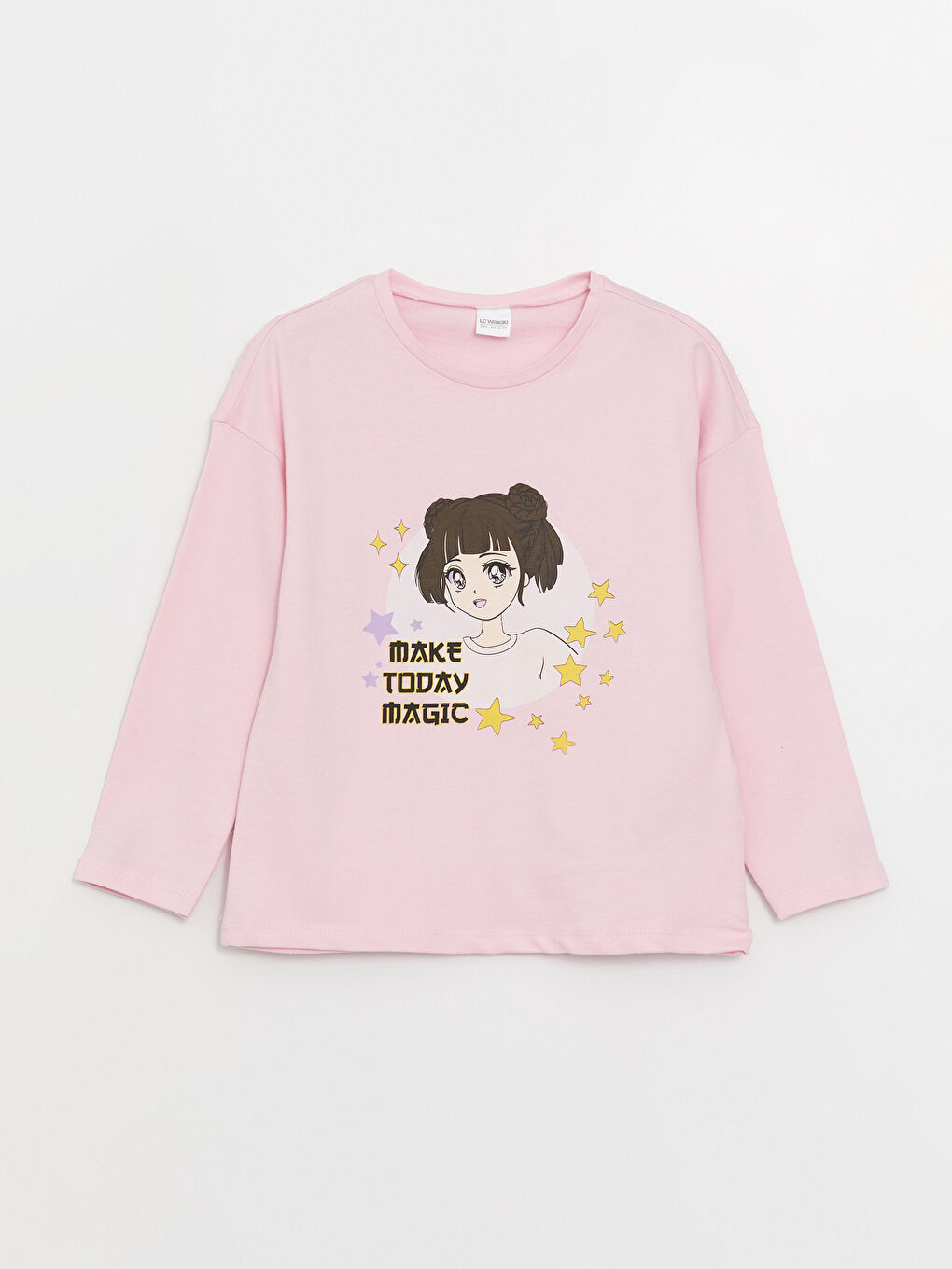 LCW Kids Pembe Bisiklet Yaka Baskılı Uzun Kollu Kız Çocuk Pijama Takımı - 1