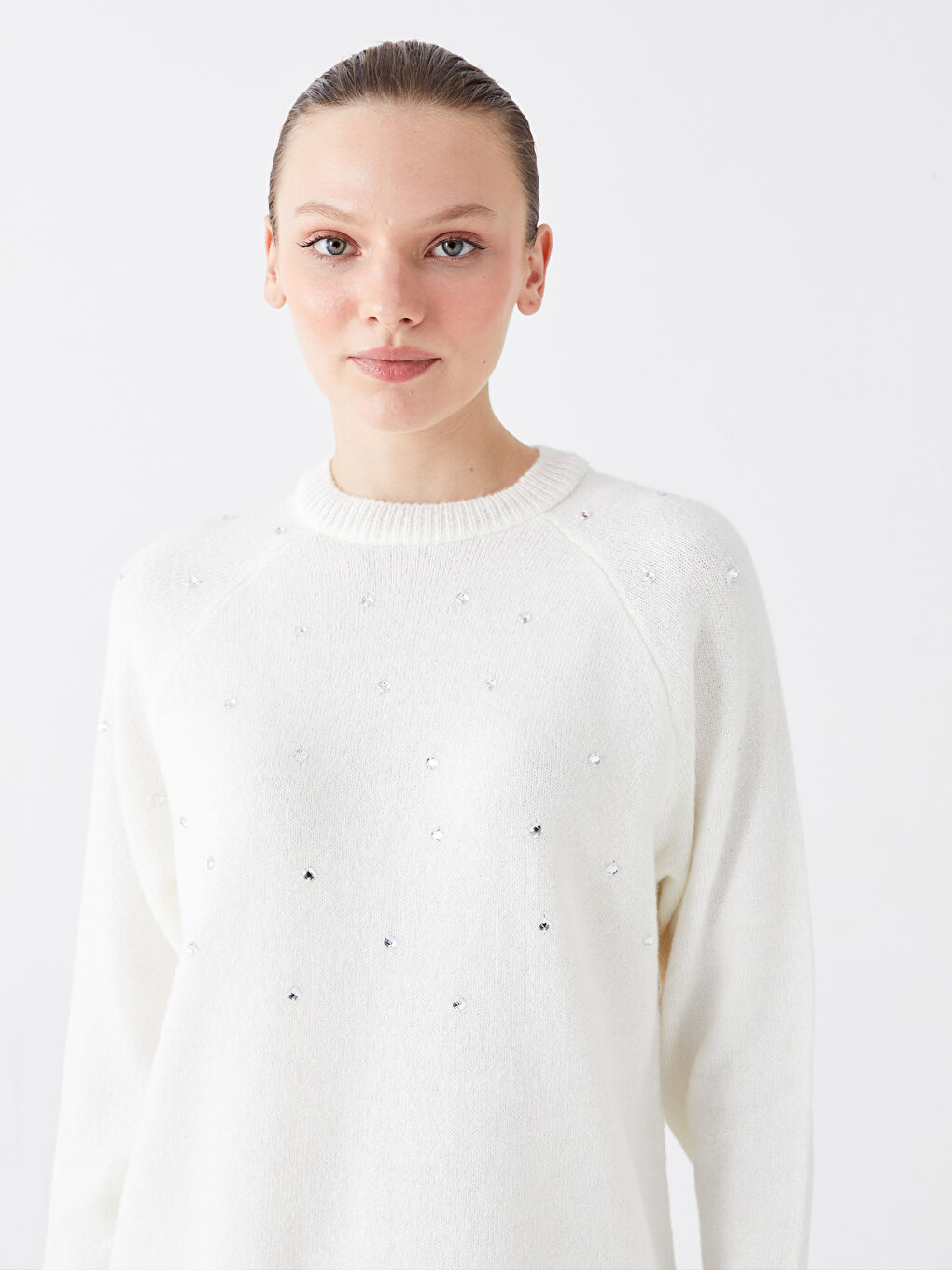 Ekru Bisiklet Yaka Baskılı Uzun Kollu Kadın Triko Tunik