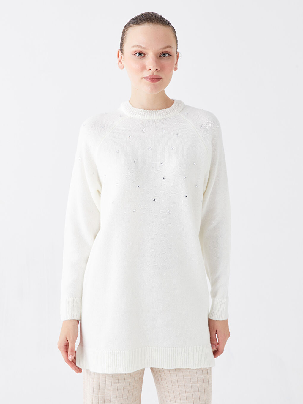 Ekru Bisiklet Yaka Baskılı Uzun Kollu Kadın Triko Tunik-1