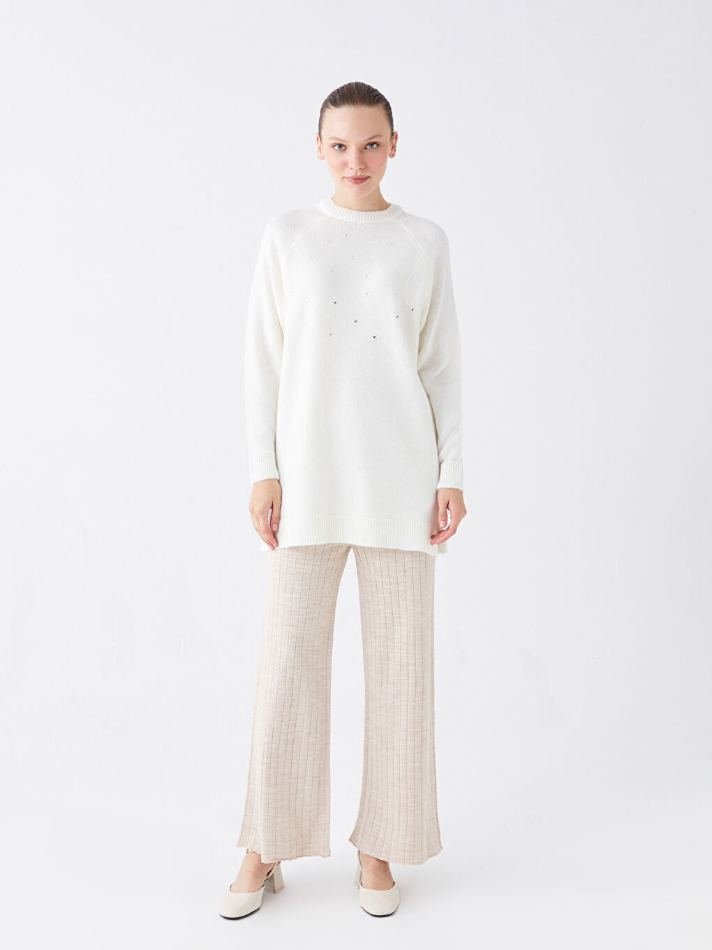 Ekru Bisiklet Yaka Baskılı Uzun Kollu Kadın Triko Tunik-2