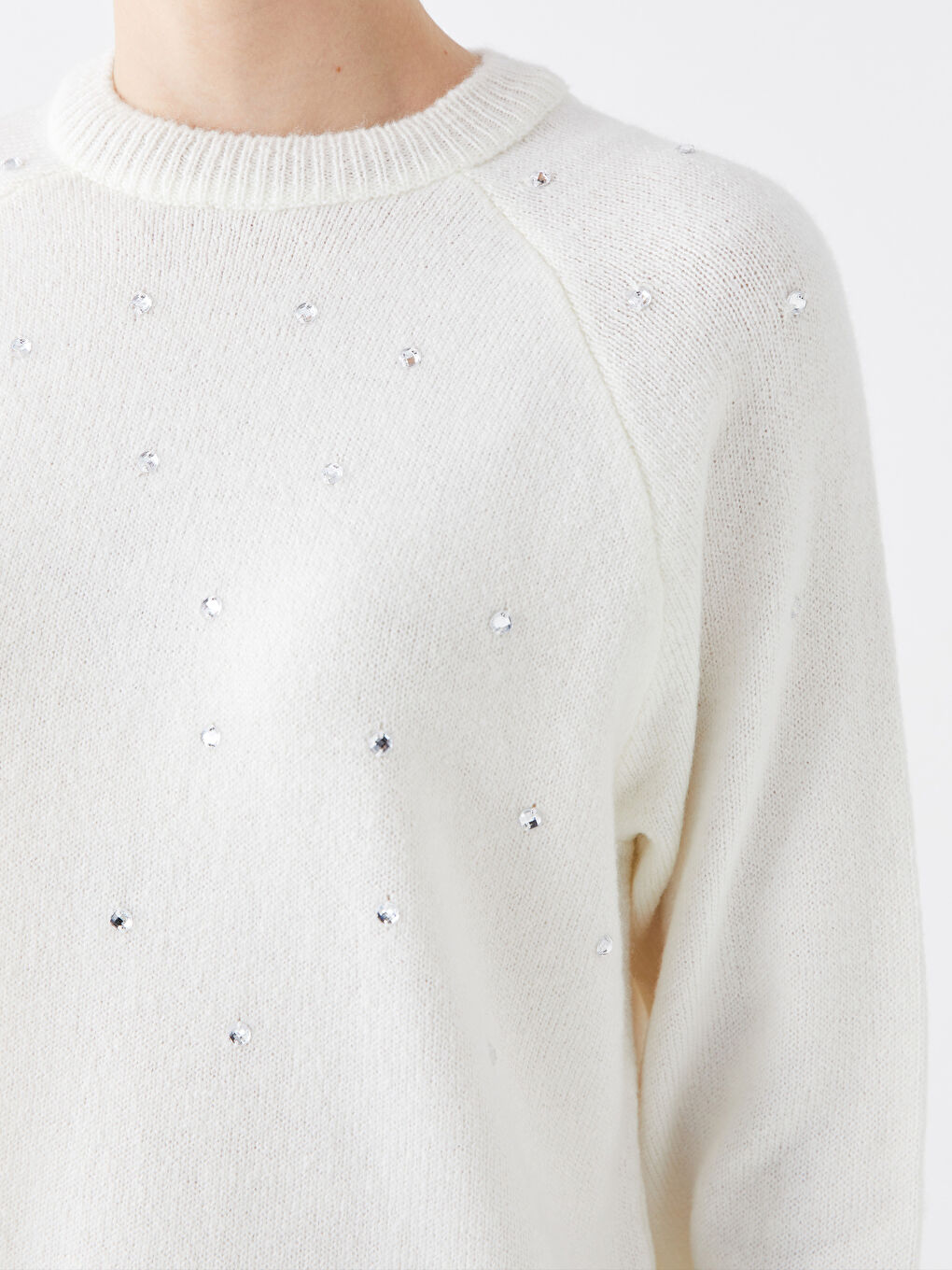 Ekru Bisiklet Yaka Baskılı Uzun Kollu Kadın Triko Tunik-3