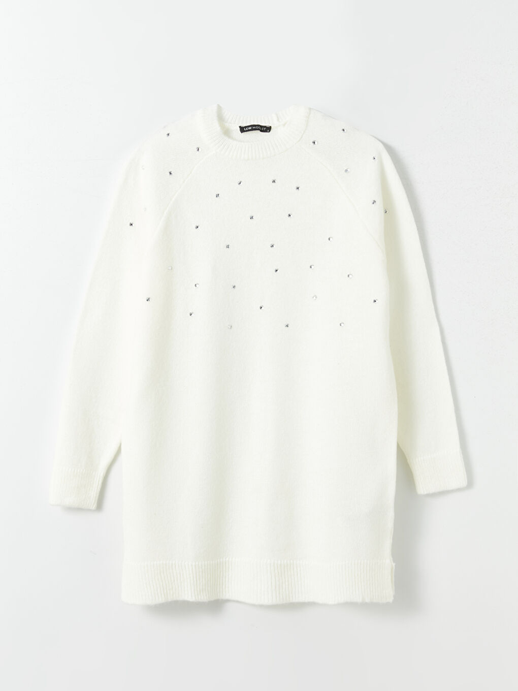 Ekru Bisiklet Yaka Baskılı Uzun Kollu Kadın Triko Tunik-5