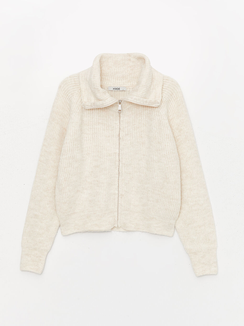 Ekru Dik Yaka Düz Uzun Kollu Kadın Triko Hırka-5