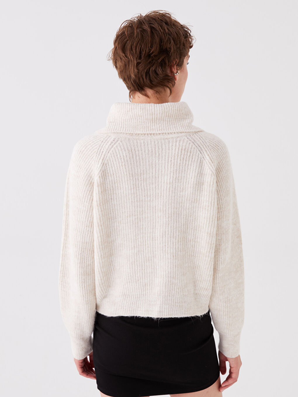 Ekru Dik Yaka Düz Uzun Kollu Kadın Triko Hırka-4