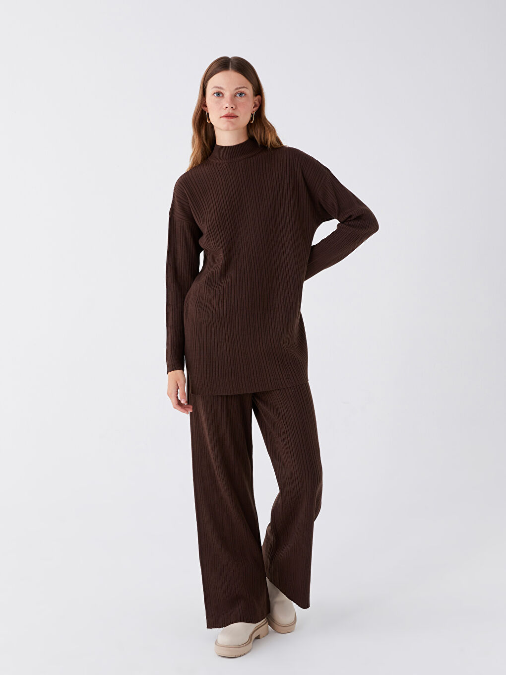 Kahverengi Kadın Beli Lastikli Düz Triko Pantolon-1