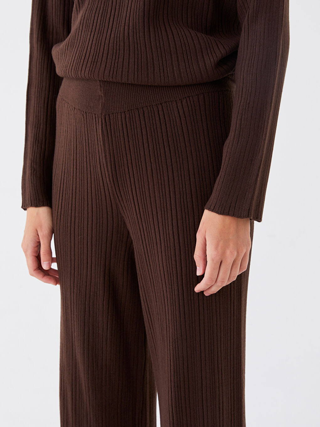 Kahverengi Kadın Beli Lastikli Düz Triko Pantolon-2