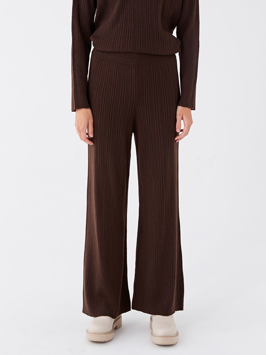 Kahverengi Kadın Beli Lastikli Düz Triko Pantolon-3