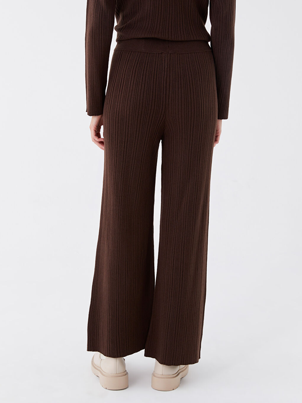 Kahverengi Kadın Beli Lastikli Düz Triko Pantolon-4