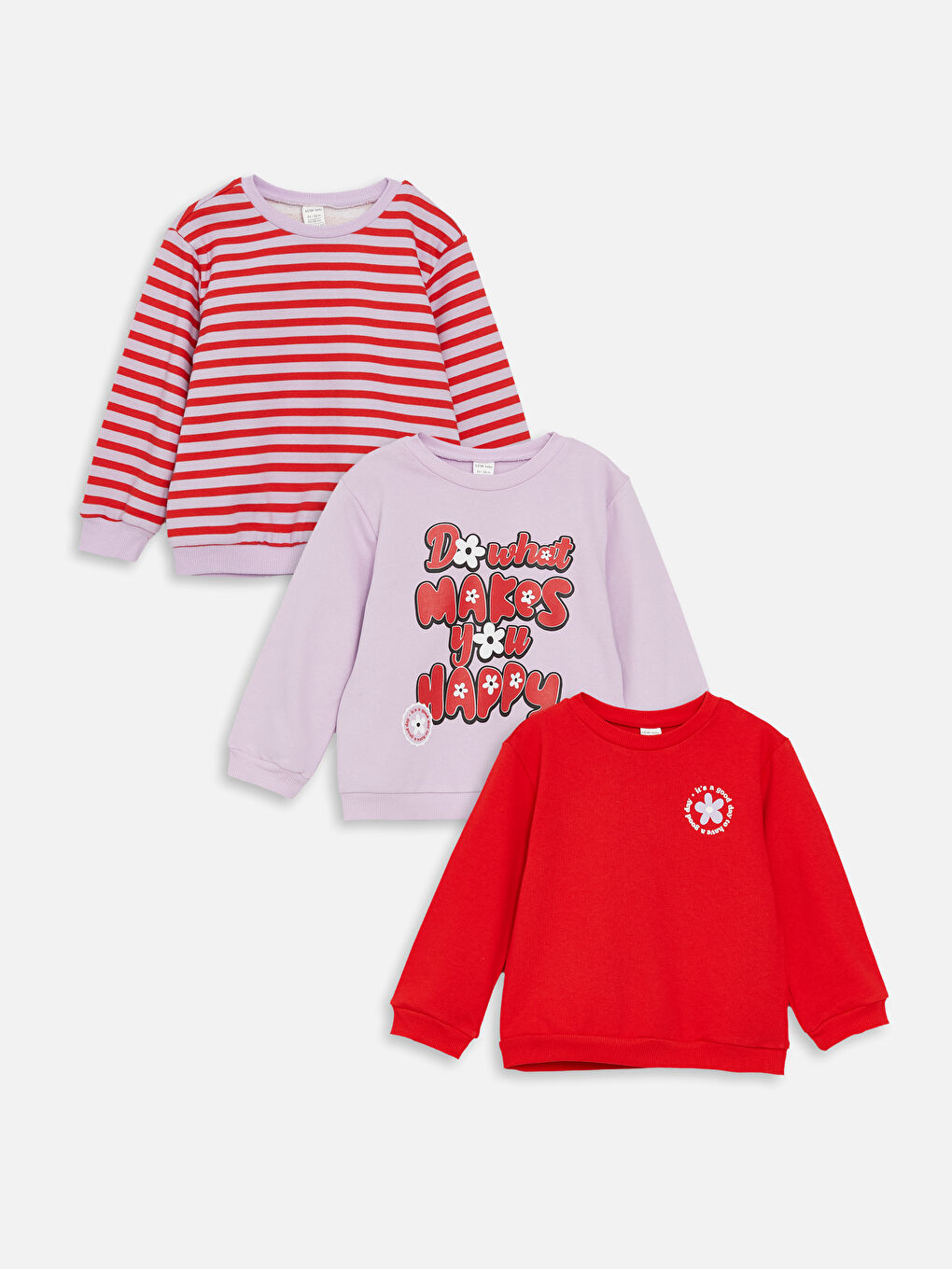 LCW baby Lila Çizgili Bisiklet Yaka Baskılı Kız Bebek Sweatshirt 3'lü