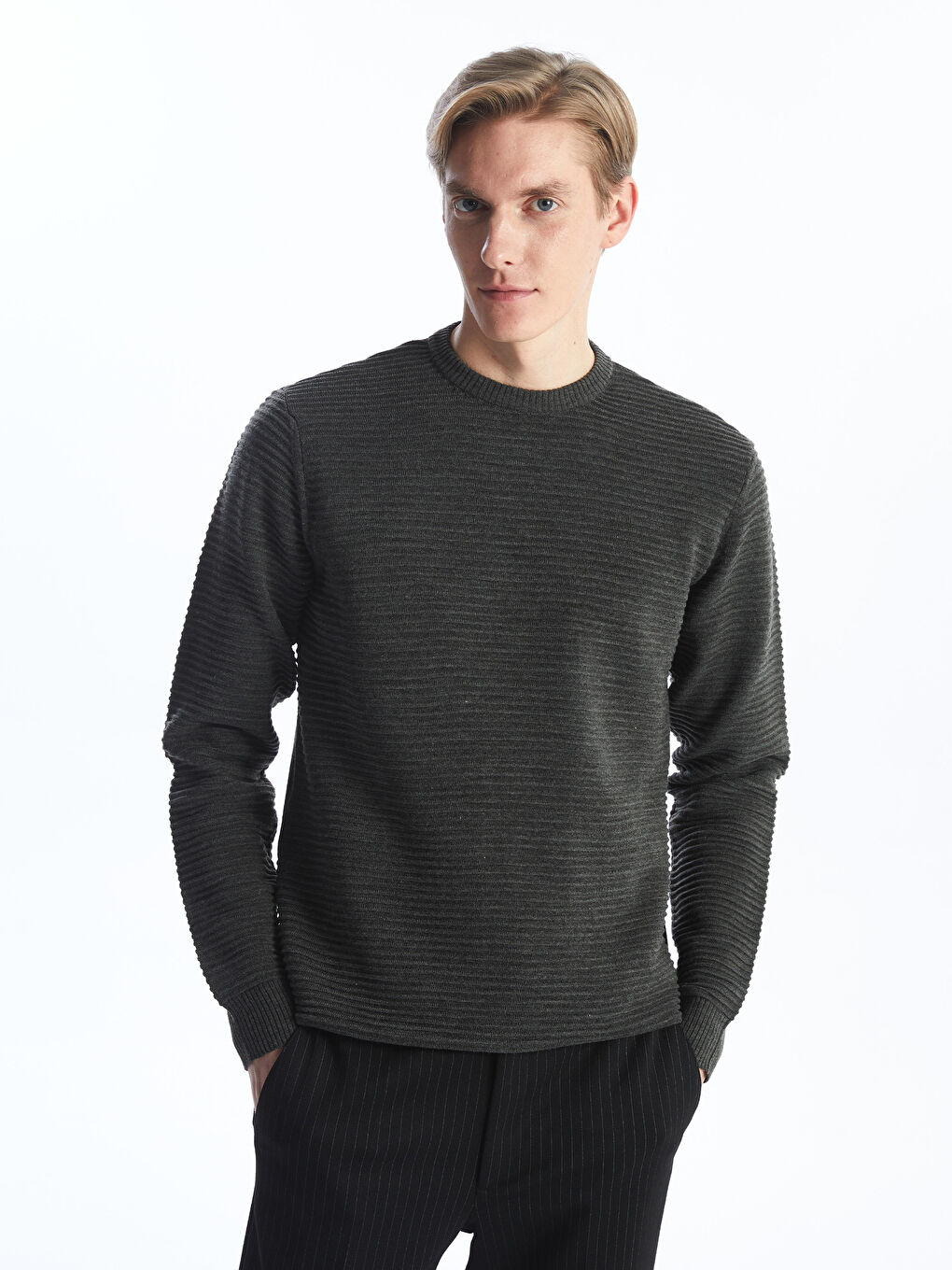 بلوفر تريكو كم طويل بياقة دائرية للرجال