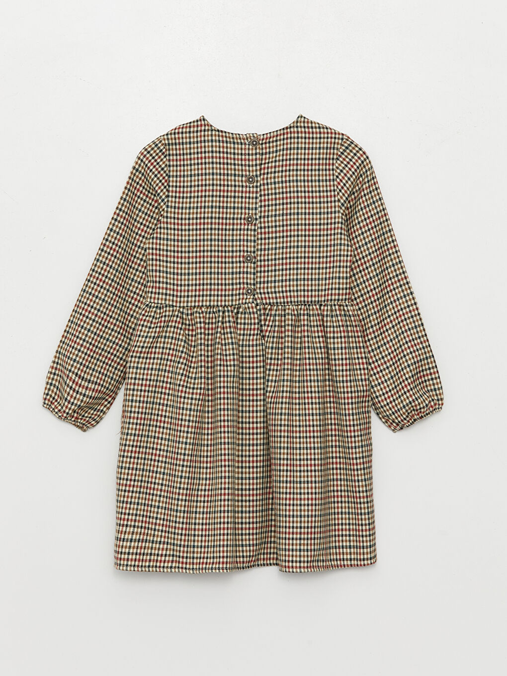 Bej Bisiklet Yaka Ekose Uzun Kollu Kız Çocuk Elbise-4