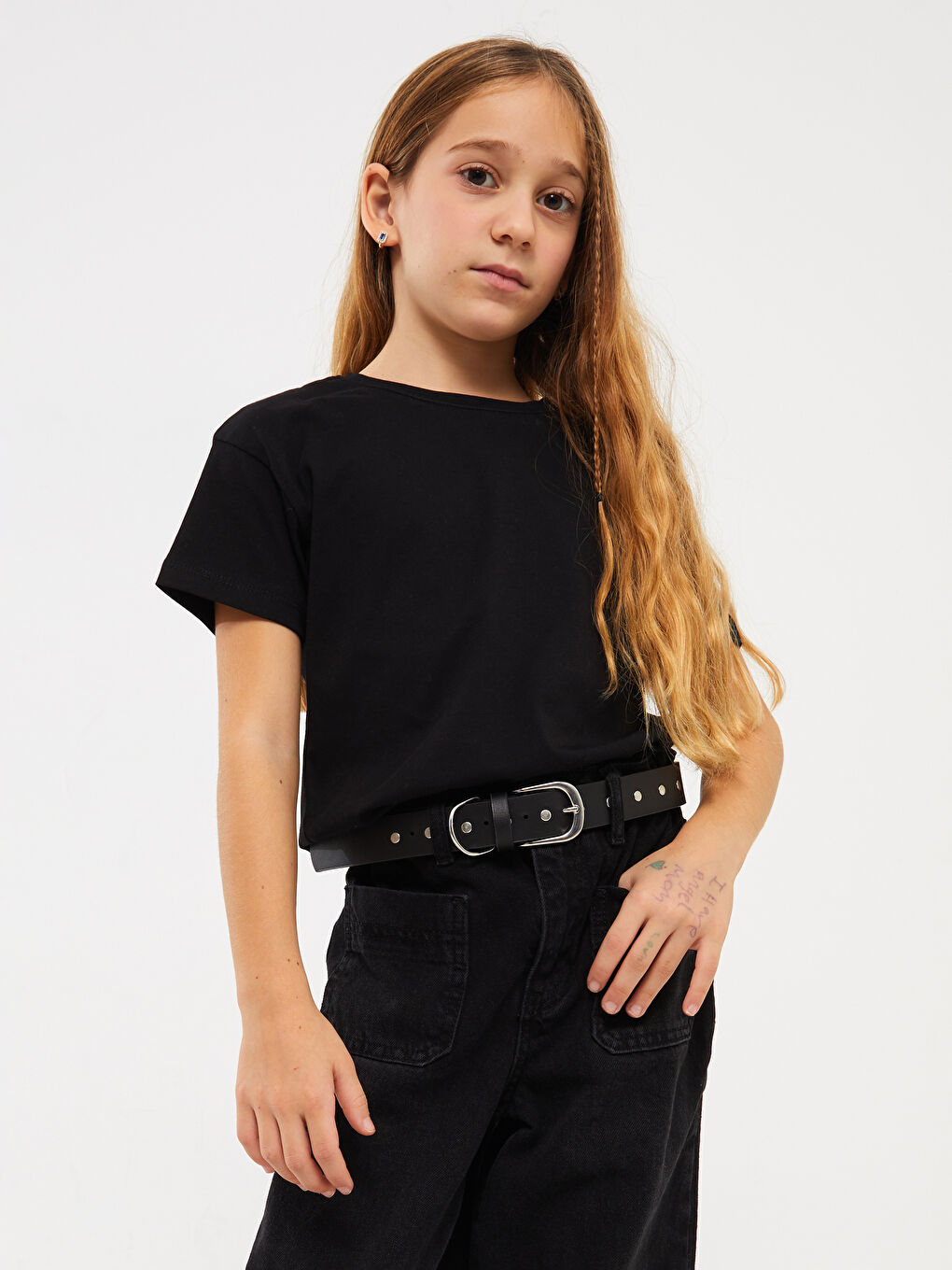 Siyah Bisiklet Yaka Basic Kısa Kollu Kız Çocuk Tişört