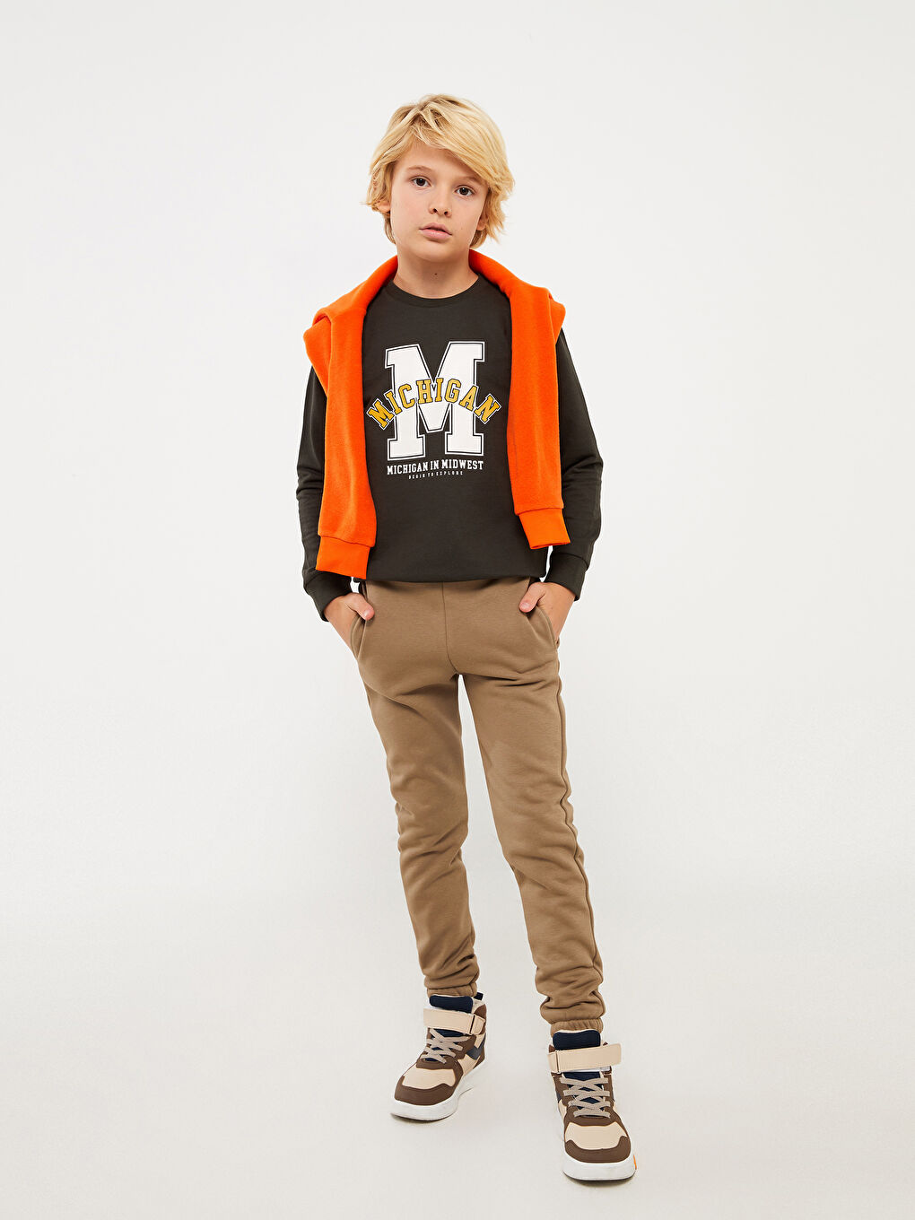 Kahverengi Beli Lastikli Basic Erkek Çocuk Jogger Eşofman Altı