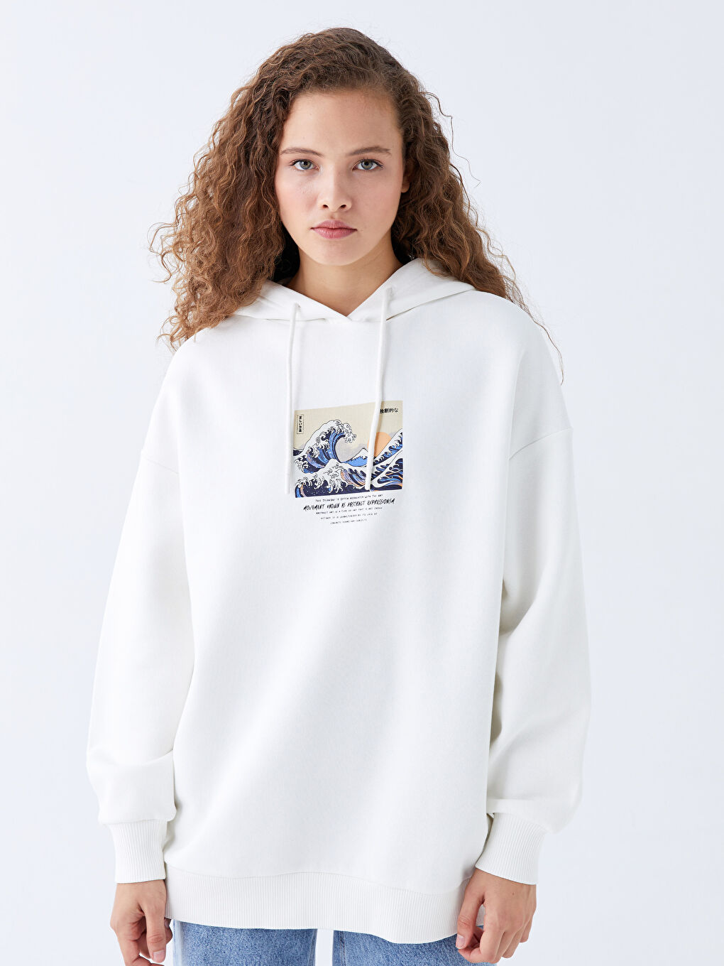 Ekru Baskılı Oversize Kadın Kalın Hoodie-1