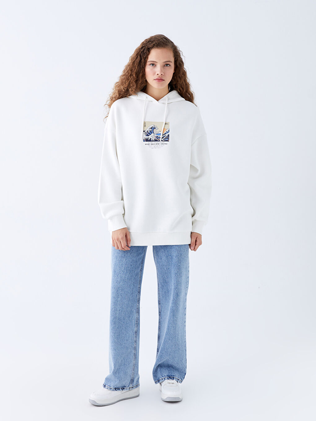 Ekru Baskılı Oversize Kadın Kalın Hoodie-2