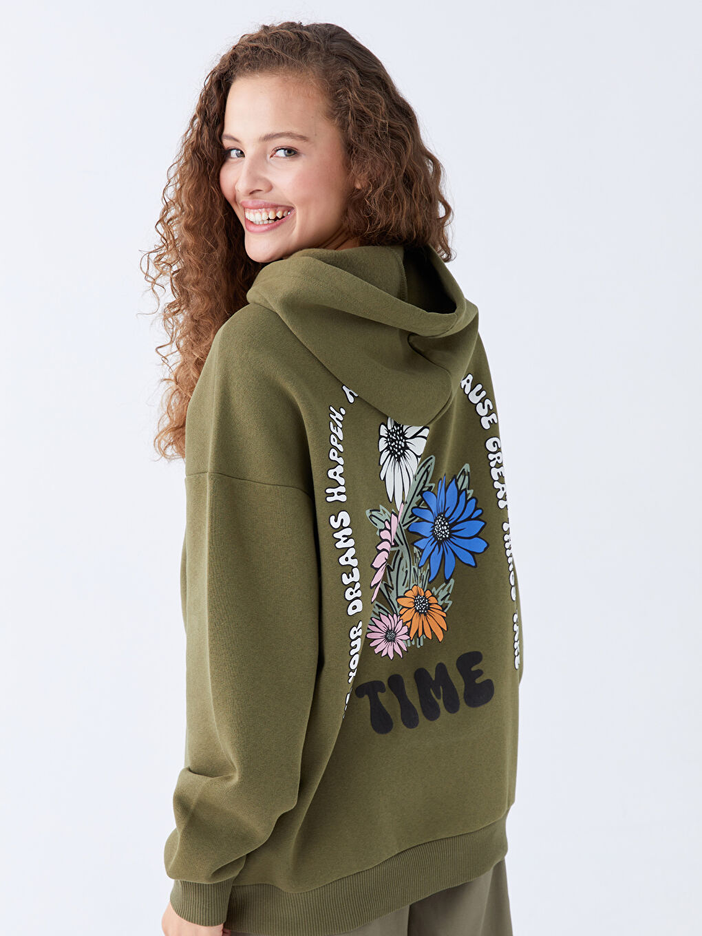 XSIDE Yeşil Baskılı Uzun Kollu Oversize Kadın Hoodie