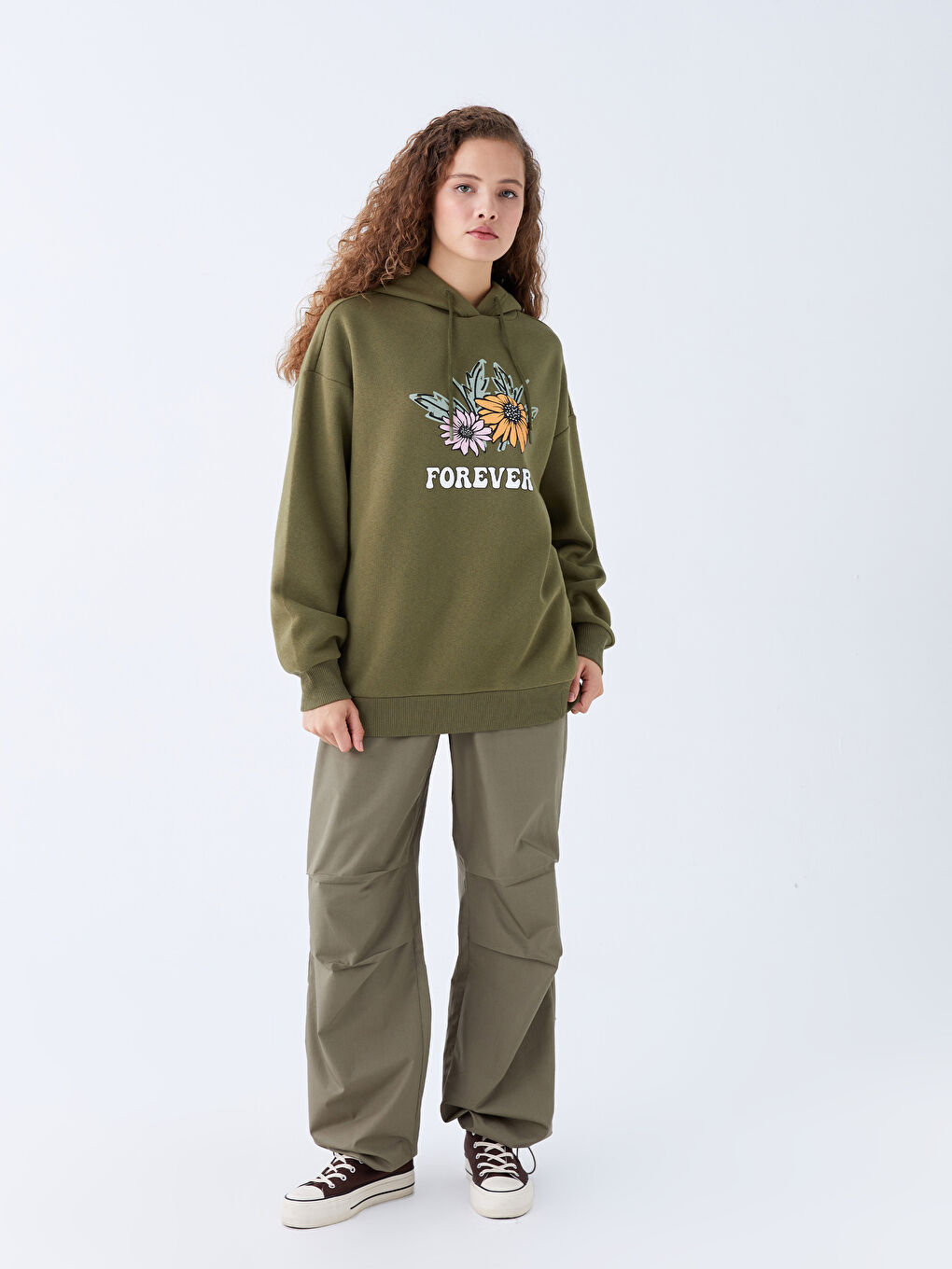 XSIDE Yeşil Baskılı Oversize Kadın Kalın Hoodie - 2