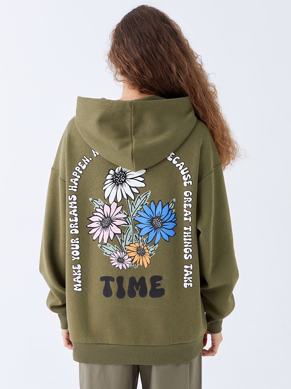 XSIDE Yeşil Baskılı Oversize Kadın Kalın Hoodie - 4