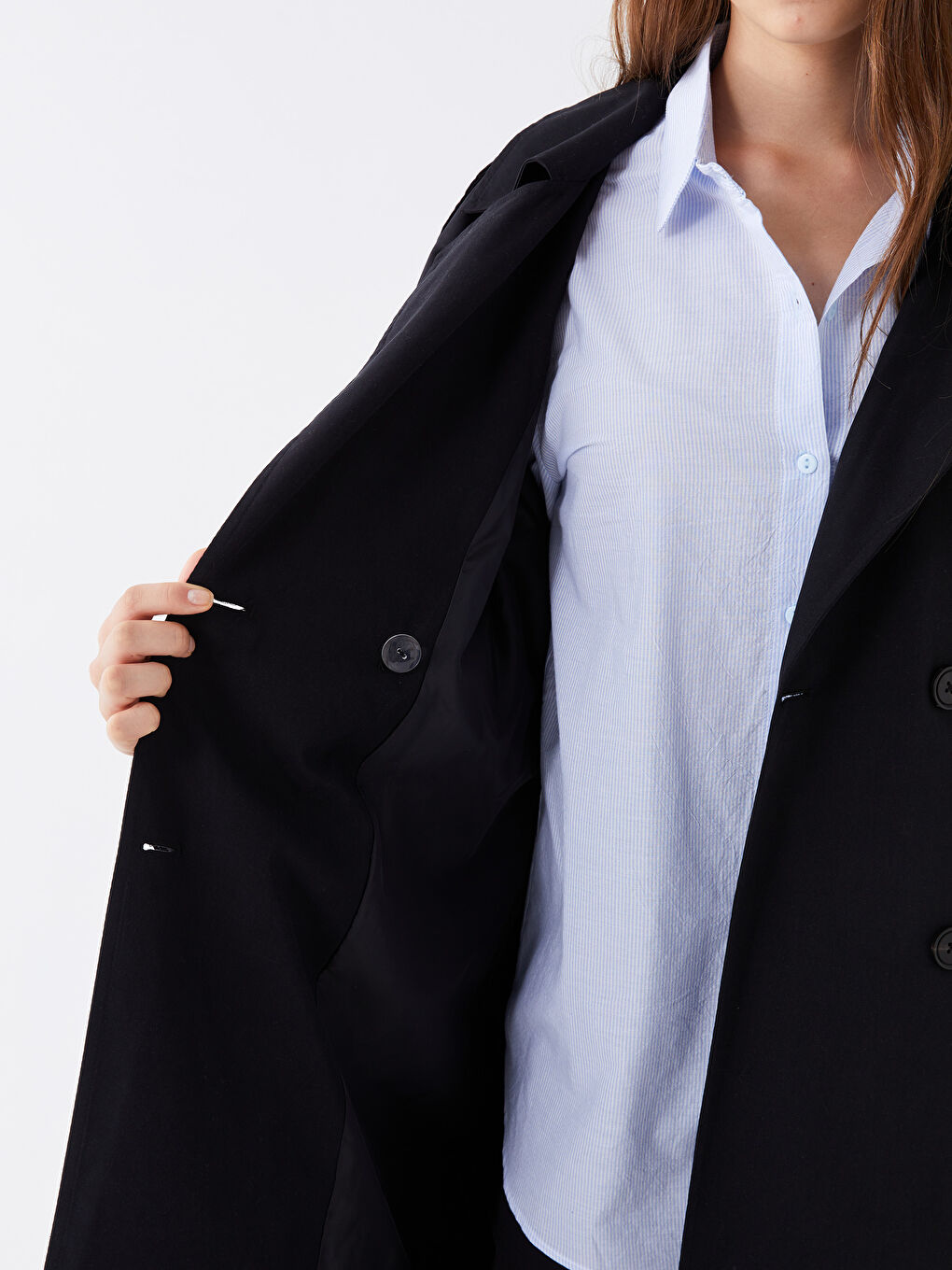 Siyah Ceket Yaka Düz Uzun Kollu Kadın Trençkot-4