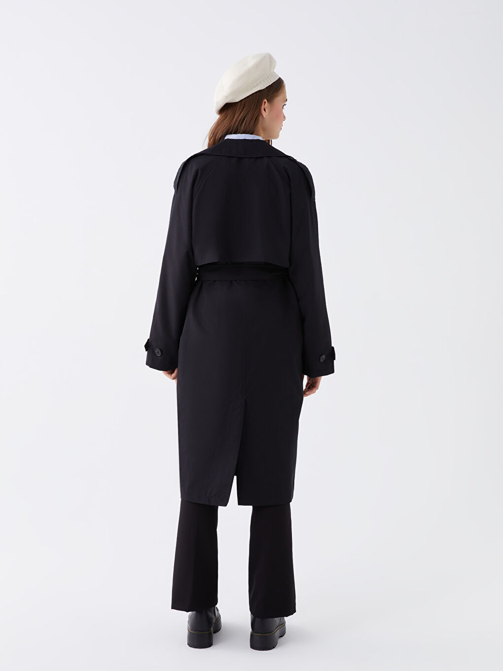 Siyah Ceket Yaka Düz Uzun Kollu Kadın Trençkot-5