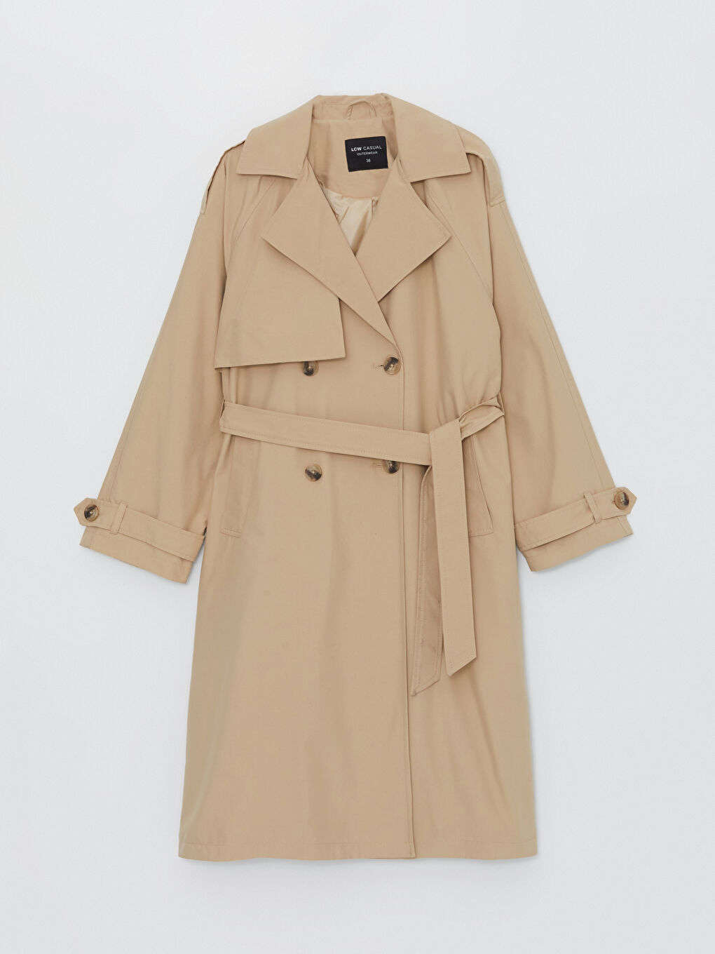 Bej Ceket Yaka Düz Uzun Kollu Kadın Trençkot-8