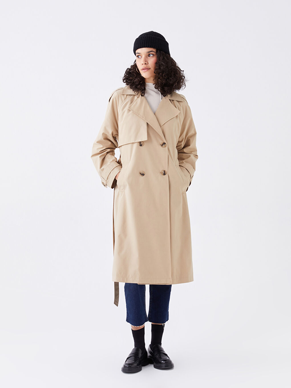 Bej Ceket Yaka Düz Uzun Kollu Kadın Trençkot-2