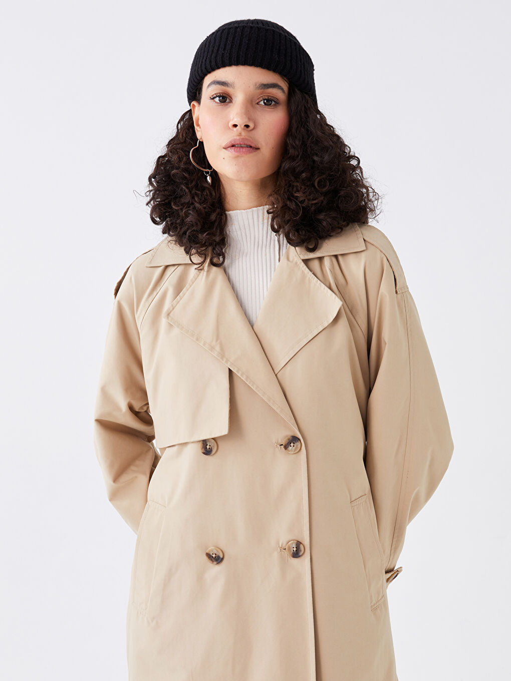 Bej Ceket Yaka Düz Uzun Kollu Kadın Trençkot-4