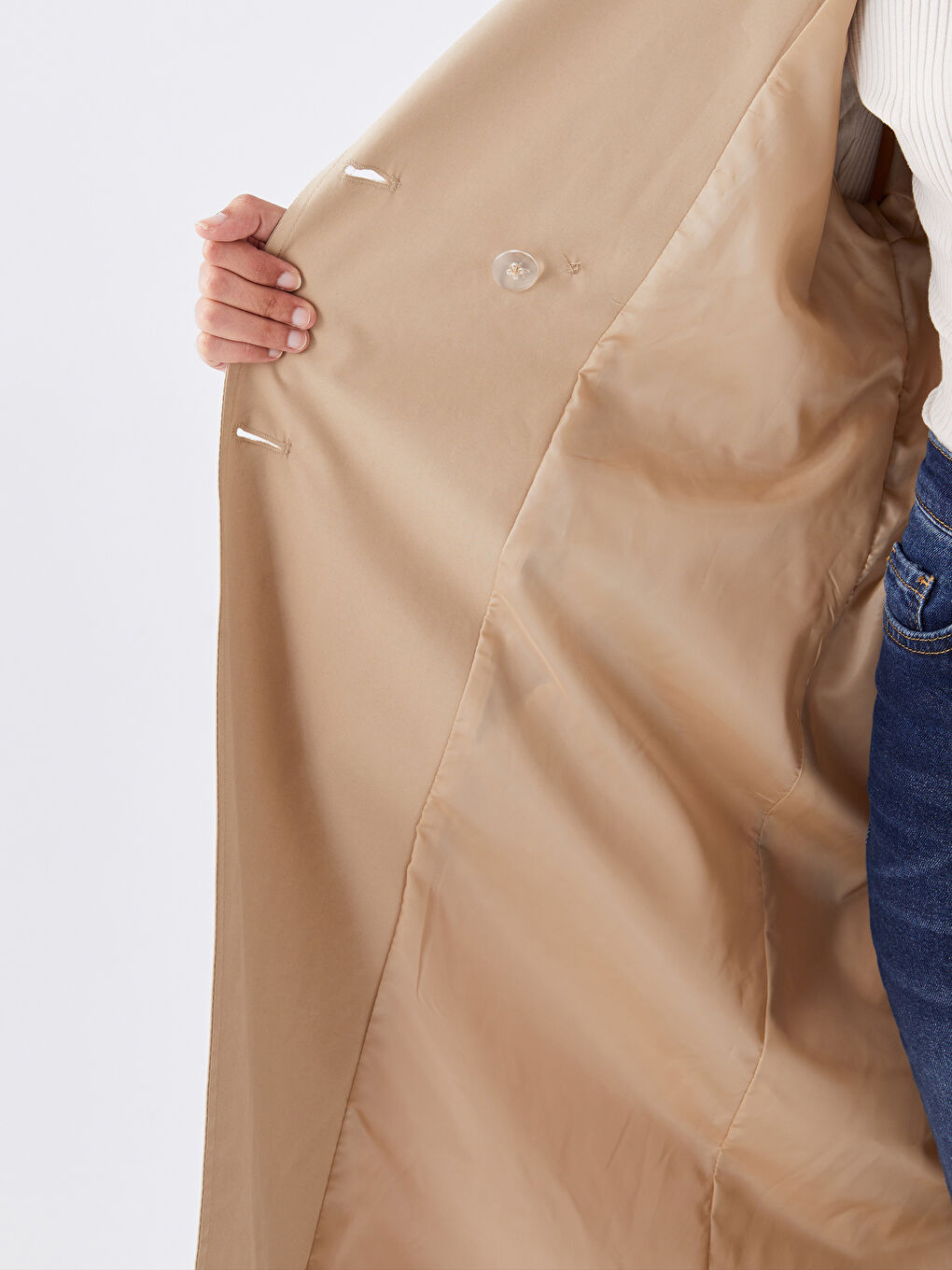 Bej Ceket Yaka Düz Uzun Kollu Kadın Trençkot-5