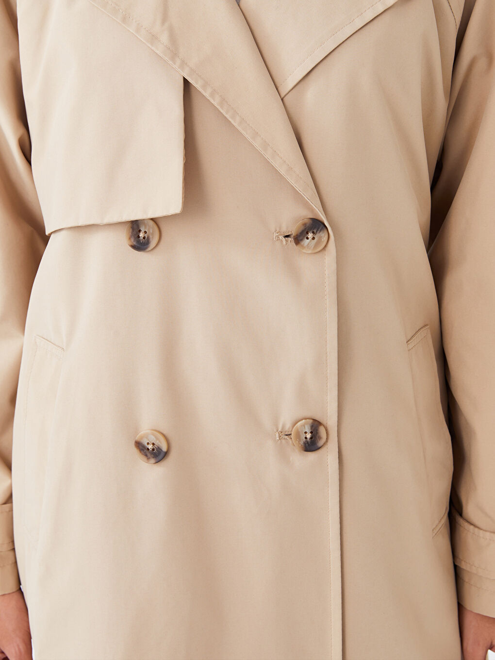 Bej Ceket Yaka Düz Uzun Kollu Kadın Trençkot-6