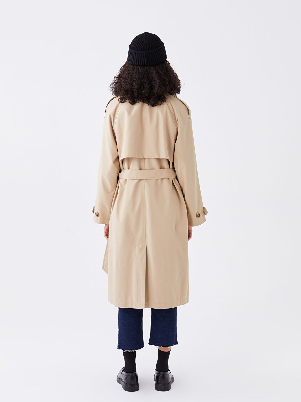 Bej Ceket Yaka Düz Uzun Kollu Kadın Trençkot-7