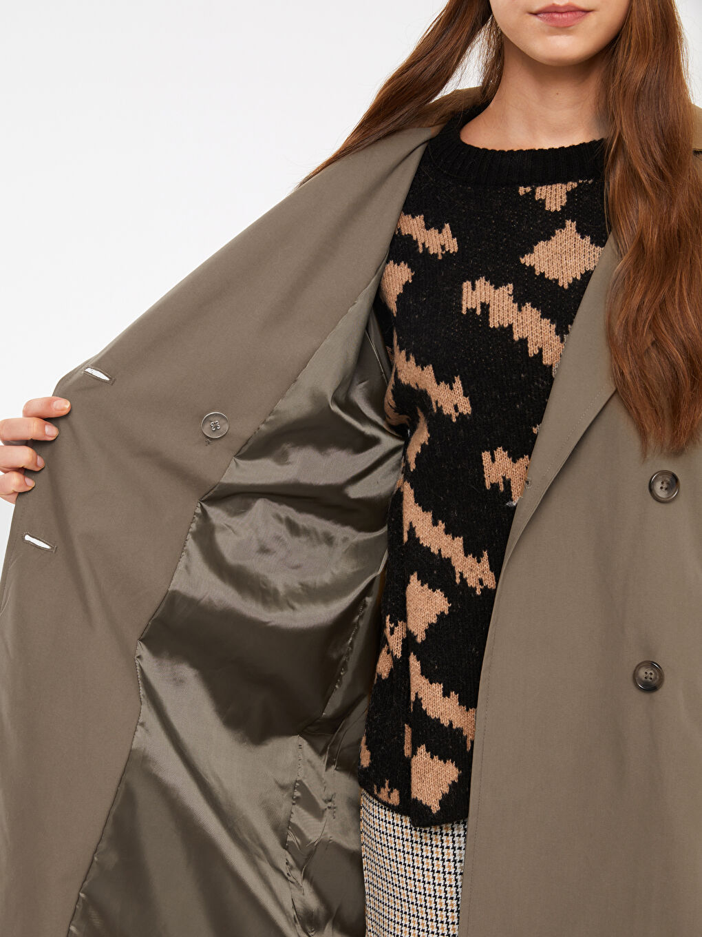 Haki Ceket Yaka Düz Uzun Kollu Kadın Trençkot-1